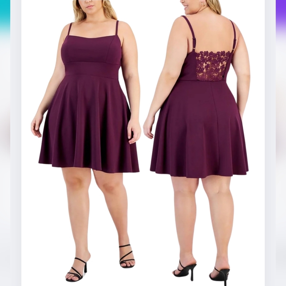 NWT City Studio 14W Crepe Lace Back Mini Dress Eggplant Wedding Party 2967-i